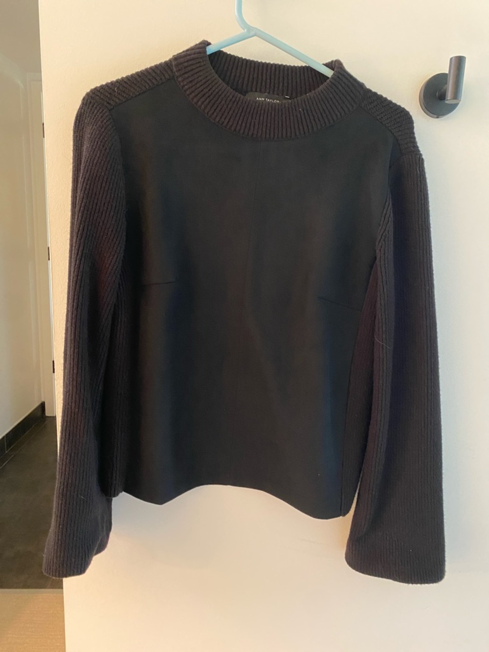 Ann Taylor Black Crewneck Mixed-Media Sweater